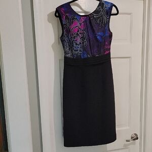 Tahari Arthur S. Lavine  Black and Purple Floral Midi Sheath Dress Womens Sz 4